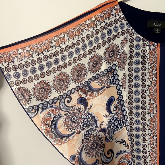 AGB Peach and Navy Patterned Poncho Blouse Top With Tank Lining Size Small - Picture 2 of 7